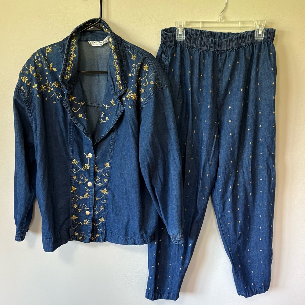Vintage Venezia Vitale Denim Blazer Jacket and Pant Suit XL